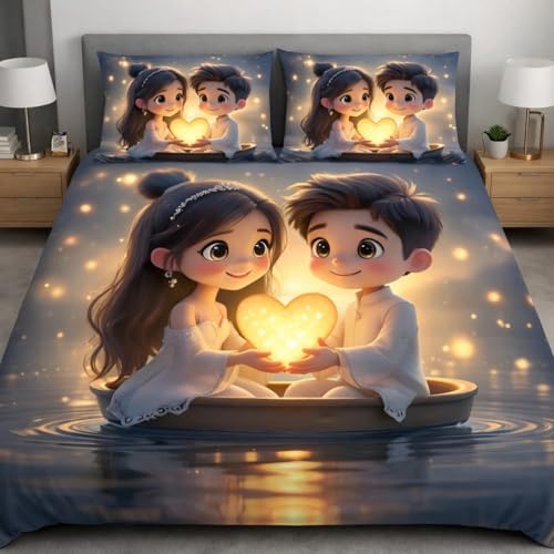 Image of 7D Digital Couple Print Double Bedsheet - 90x100 Inch with 2 Pillow Covers | Glace Cotton | Soft Breathable | 240TC