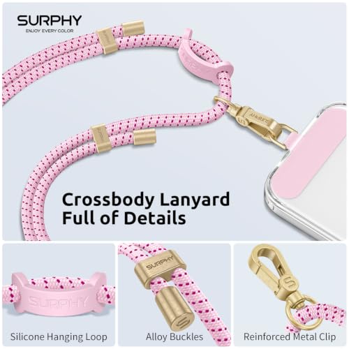 Image of SURPHY Phone Lanyard Crossbody, Phone Strap Crossbody with 2 Tether Tabs | Adjustable Cell Phone Lanyard, Anti Theft Phone Strap, Premium Metal Buckles, Universal Lanyard for Travel, Blush Speckle