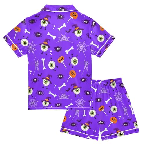 Satin Pajama Sets Short Sleeve Halloween Eyes Spiders Webs Bones Button Down Silky Nightwear 2 Piece PJS 5-14Y2