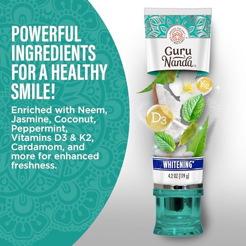 gurunanda hydroxyapatite toothpaste sls amp fluoride free whitening toothpaste with tongue scraper amp squeezer - freshens breath fights plaque - natural cocomint jasmine neem 42oz