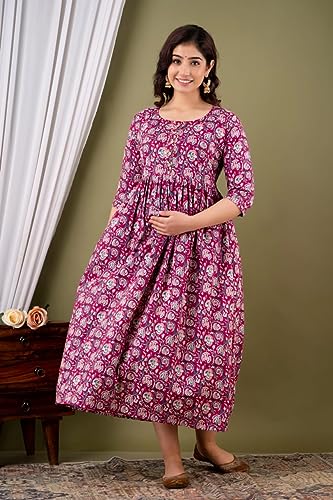 Image of Women's Feeding Kurta Cotton | Floral Anarkali Pregnancy Kurta with Nursing Zipper | Pre & Post Partum | Maternity Dresses | Mom to Be Gift