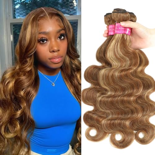 Honey Blonde Brown Highlight Body Wave Human Hair...