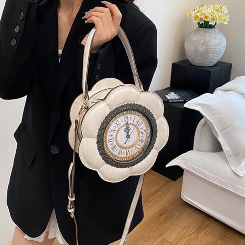 Unique Flower Shaped Clock Handbag with Roman Numerals, PU Leather Top Handle Purse, Novelty Fashion Round Watch Shoulder Bag3