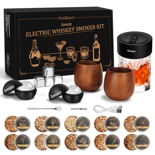 Electric Whiskey Smoker Kit with 10 Natural Wood Chips,Rechargeable Cocktail Smoker Kit with 2 Wooden Bourbon Whiskey Glasses,Reusable Food-Grade Stainless Steel Ice Cubes & Mold,Gift for Father\'s Day