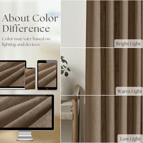 Image of 100 Inch Linen Curtains 2 Panels Set Pinch Pleated for Living Room Bedroom Memory Training Shaped Semi Sheer Dutch Cocoa Pinch Pleat Drapes Hooks Rings Light Filtering Window Curtain Drapes