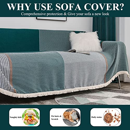 Dreamingo Dark Green Couch Cover Cotton Linen Sectional Couch Covers L Shape For Dog Cat Furniture Couch Protector Houndstooth Sofa Covers For Loveseat Futon Sofa Durable With Tassel,71X118In #TOP1