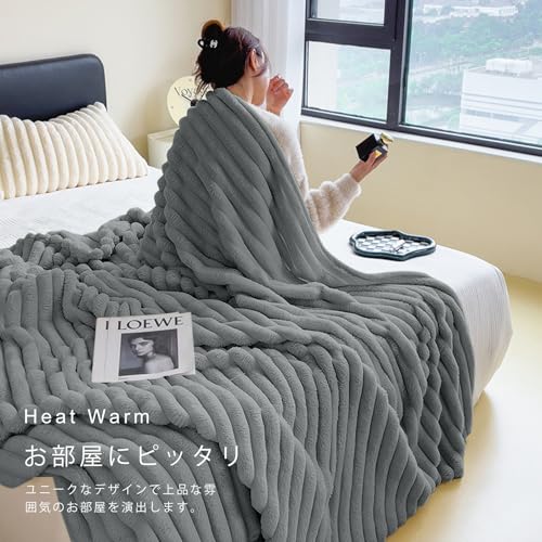 Melvint ふわふわブランケット 毛布 セミシングル 冬用 厚手 2枚合わせ ふわとろ毛布 もこもこ毛布 あったか ラビットファー調 トスカ泡絨 静電気防止 洗える 吸湿速乾 抗菌防臭 蓄熱保温 ストライプ (ダックグレー・100*160cm) [3]