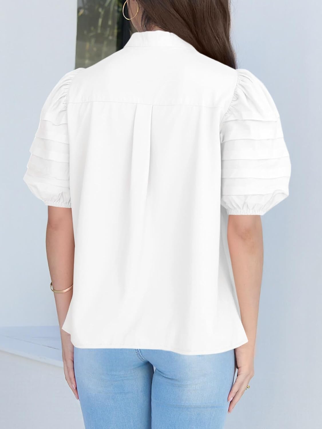 Tankaneo Womens Puff Short Sleeve Button Down Shirts Cotton Pleated Babydoll Blouses Trendy Casual Loose Fit Tops - Image 6