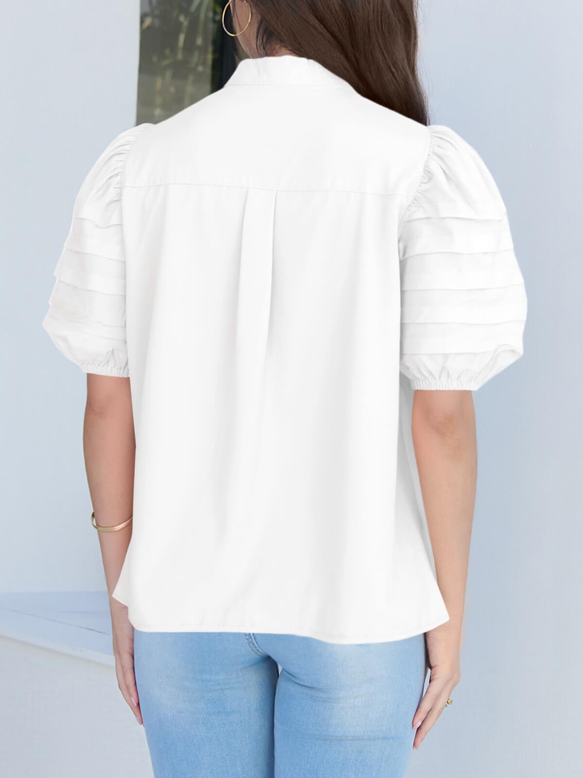 Tankaneo Camicette da donna a maniche corte con bottoni, in cotone, plissettate, alla moda, casual, vestibilità ampia
