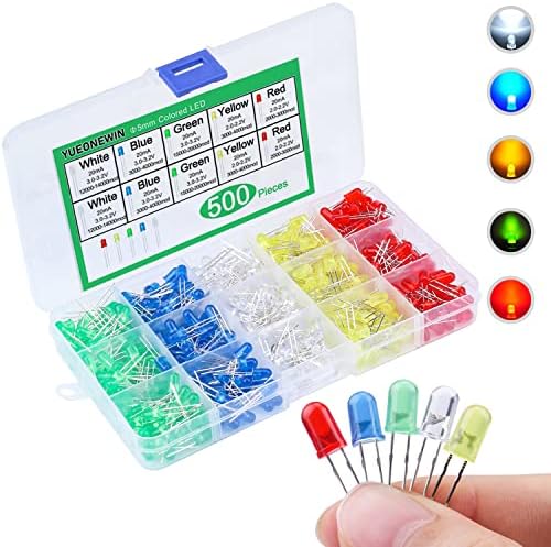 500Pcs 5mm LED Diode Light Emitting Diode Assortment Kit Led Electronics Circuit Assorted Kit for Arduino, PCB Circuit DIY, Christmas Card Making (Multicolor-White/Red/Yellow/Blue/Green)