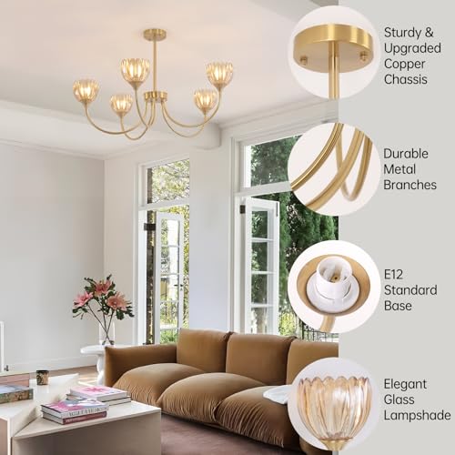 Image of Shenmoyl 30.31 inch Brass Gold 5-Light Chandelier, 5-Arm Amber Tulip Glass Pendant Light Fixture, Height Adjustable Vintage Branch Chandelier for Dining Room Living Room Kitchen Island Farmhouse