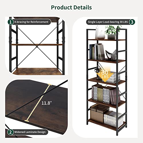 Benoss 5 Tier Bookshelf Rustic Wood & Metal Frame Bookcase Shelf Industrial Storage Organizer Modern Display Shelf Rack Open Back Standing Shelving Unit For Bedroom Living Room Home Office #TOP5
