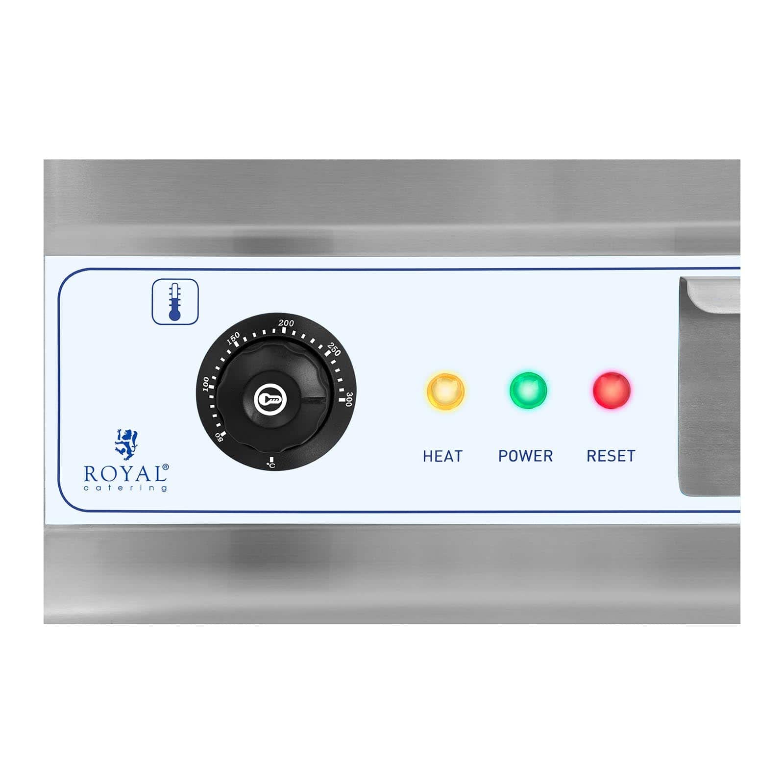 Royal Catering RCG 60H2 grill elektryczny, podwójna płyta grillowa (długość: 60 cm, 2 x 3200 W, gładka powierzchnia grzewcza, 2 strefy grzewcze, ochrona przed pryskaniem i odpływ)