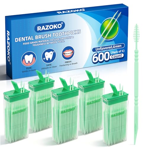 RAZOKO Interdental Toothpicks Total 600 Count (5 Packs) Disposable Oral Pick Food-Grade Plastic Interdental Brush with Portable Case for Travel & Home (Green Unflavored)