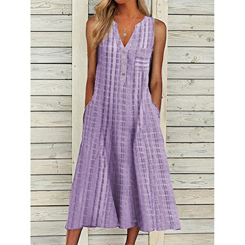 Image of Women Casual Dress Summer Stripe Button V Neck Sleeveless with Pocket Long Dresses Holiday Beach Party Midi Dress