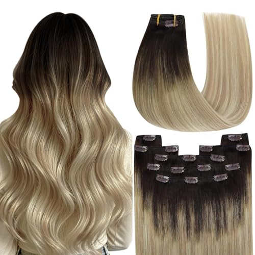 Image of YoungSee Ombre Clip in Hair Extensions 18 Inch Invisible Clip on Hair Extensions Human Hair Medium Brown Ombre Golden Blonde Mix Platinum Blonde Balayage Clip in Extensions Real Human Hair 120G 7Pcs
