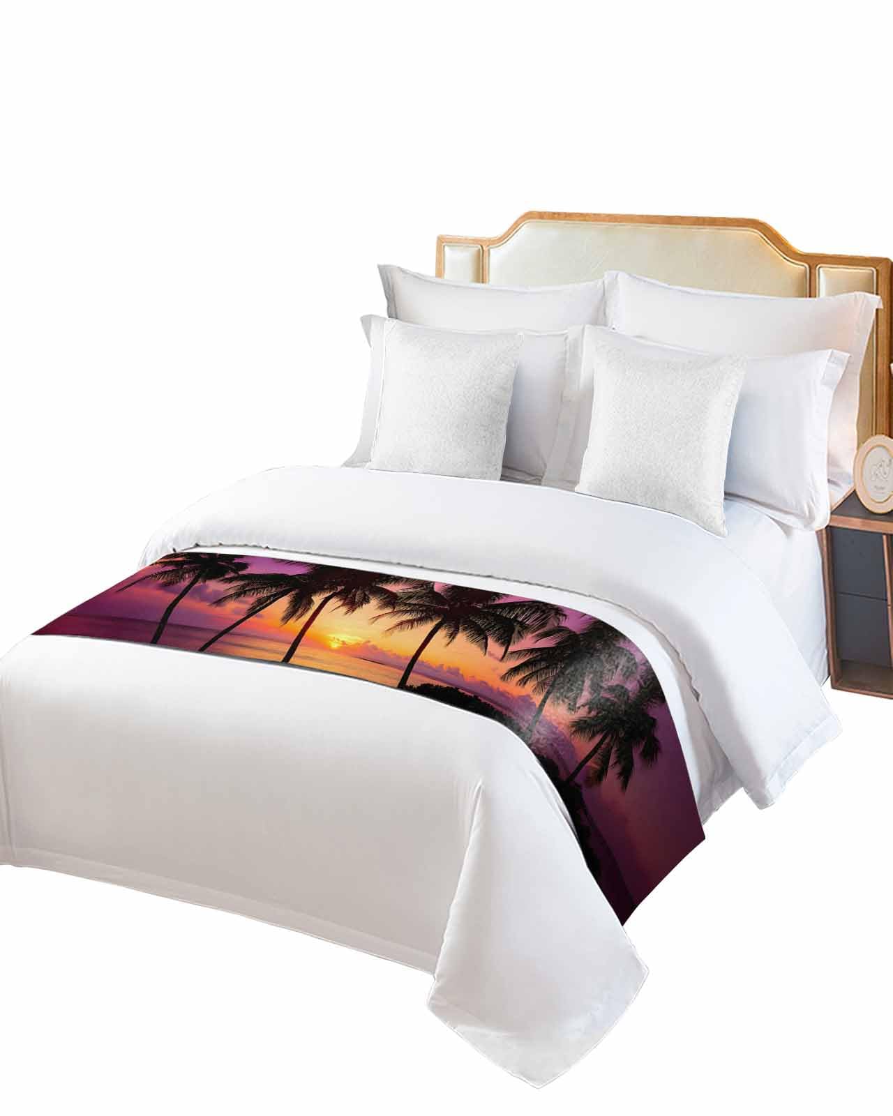Full Bed Runner Seaside Coconut Tree Beach Sunset Bedding Runner Scarves Decorative Bed Scarf, Summer Purple Sky Soft Bed Runners for Bedroom Hotel Wedding 83x20IN
