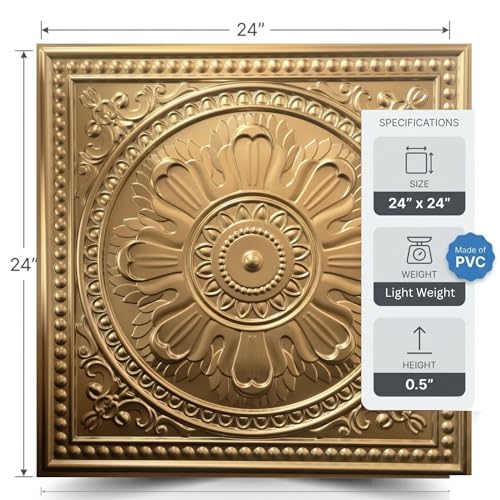 Image of Kayra Decor PVC Ceiling Panel 2x2 Feet (60x60 cm) - Regal Ornate Design, Champagne Gold | Pack of 25 3D Decorative Ceiling & Wall Panels | Waterproof Home Interior Decor