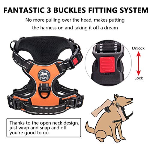 Image of PoyPet No Pull Dog Harness, No Choke Front Lead Dog Reflective Harness, Adjustable Soft Padded Pet Vest with Easy Control Handle for Small Medium Large Dogs(Orange,L)