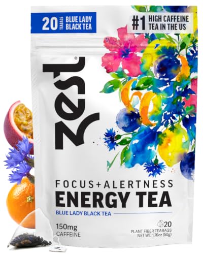 Zest Energy Tea Bags – Blue Lady Passion Fruit Black Tea – High Caffeine Tea for Morning Energy, Focus & Clarity – Natural Caffeinated Tea with 150mg Caffeine – 20Ct Pack – Non-GMO & Keto Friendly