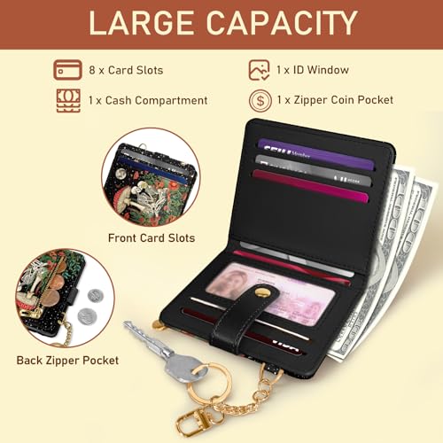 Image of Jogjam Mushroom Skull Rfid Ladies Wallet, Small Slim Thin Compact Credit Card Women Wallet, Skeleton Goth Horror PU Leather Bifold Zipper Coin Pocket for Female