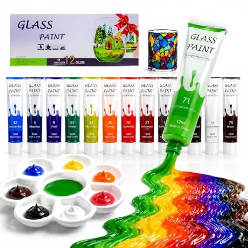 iMustech Acrylic Glass Paint Kit Transparent Stained Glass Paint for Wine Glass Window Ceramic Bottle Non-Toxic Waterproof Acrylic Enamel Painting Set for Adults Beginners(12 Colors / 5.04 Oz)