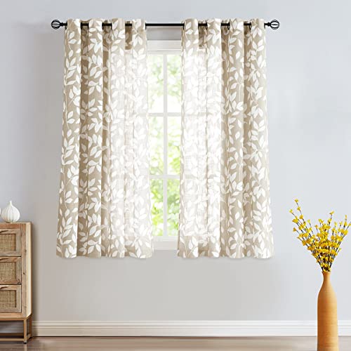 Image of Treatmentex Leaf Print Semi Sheer Curtains of Textile for Living Room 52 inch x 63 inch White and Taupe Curtain Panels for Windows, 2 Pack, Taupe, Grommet Top