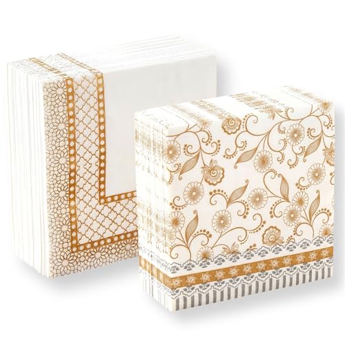 Image of Silk Touch Printed Paper Napkins (50 Pulls Per Pack, 200 Sheets, 33 X 33 cm) | Pack of 4 Printed Tissues | 2 PLY Table Napkins | Party Essential | Floral and Geometric Patterns, Gold and Silver