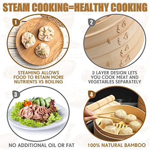 10 Inch 2 Tier Bamboo Steamer Basket Set Including Stainless Steel Steamer Ring Dumpling Maker Mold and Cutter Meat Spoon 2 Pairs Bamboo Chopsticks 2 Pcs Sauce Dish 50 Pcs Paper Liners for Kitchen - Image 7