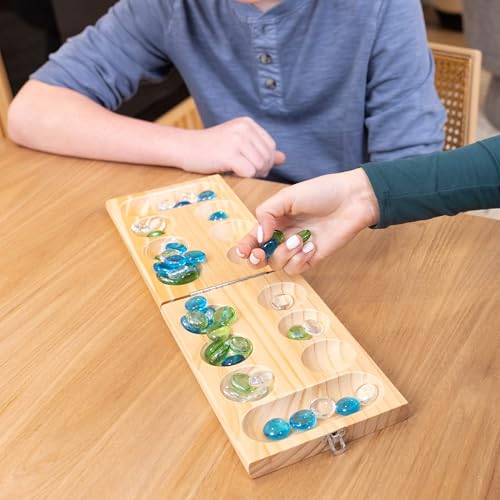 Elbow Room Games Mancala Set, Folding Wooden Board with 48 Glass Stones in Blue, Green, and White, Portable Travel Design, Classic Strategy Game for 2 Players - image 5