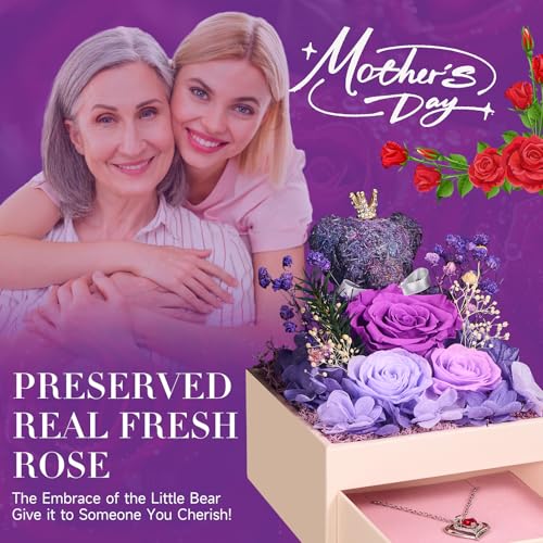 Miniatura 4 de Rosa Eterna Con Oso De Musgo Para Mujeres, Flores Natural Preservada Con Collar, Regalos De San Valentin Originales Para Mujer Mama Novia, Caja Regalo Dia De La Madre, Aniversario, Cumpleaños, Navidad