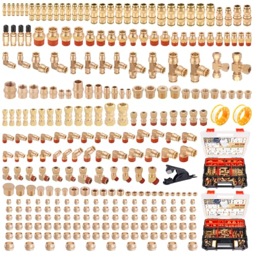 Image of CheeMuii 300 Pcs Brass DOT Air Line Fittings with Brass Pipe Fittings Kit Push Lock DOT Air Fittings Push to Connect Fittings 1 /8 inch 1 /4 inch 3 /8 inch 1 /2 inch Quick Connect Air Hose Fittings Assortment