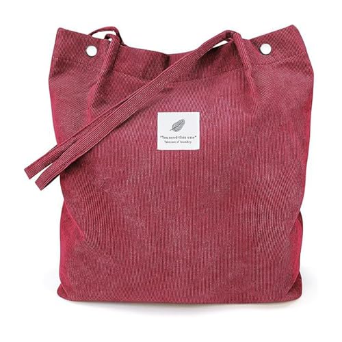 Bolsa feminina de veludo cotelê, bolsa de ombro de grande capacidade com bolso interno para viagens, trabalho, compras, bolsas de lona, Vermelho