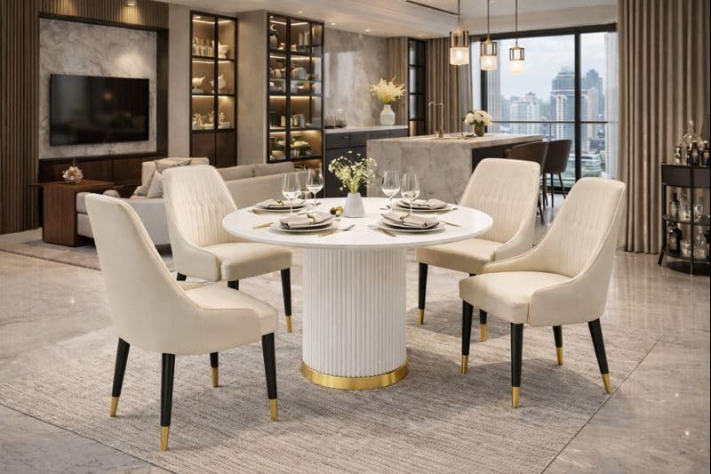 Image of 4 Seater Dining Table Set with 4 Chairs,2yr Warranty - Round Marble Dining Table (91x91x76 cm) - White Marble Top, Solid Wooden Base, Upholstered Chairs with Sheesham Wood Legs - Cream