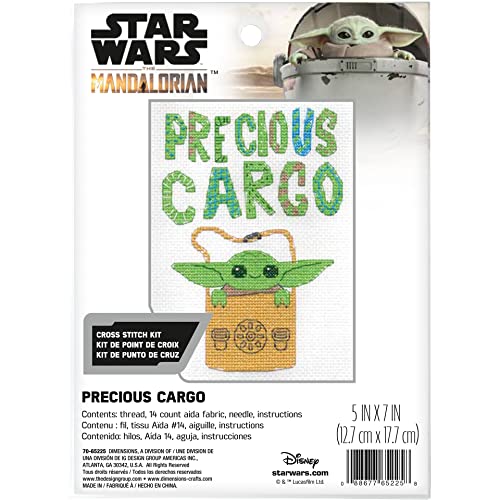Image of Dimensions 70-65225 Precious Cargo Star Wars The Mandalorian Counted Cross Stitch Kit for Beginners, 5 inch x 7 inch, 14 Cnt. White Aida, 4pcs