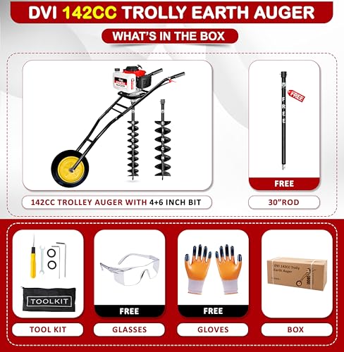 Image of DVI 142CC Trolley Earth Auger Machine, 4-Stroke Petrol Engine - with 4 Inch + 6 Inch Double Spiral Planter Bits & Free Extension Rod | for Plantation, Fencing & Post Hole Digging in All Soil Types.