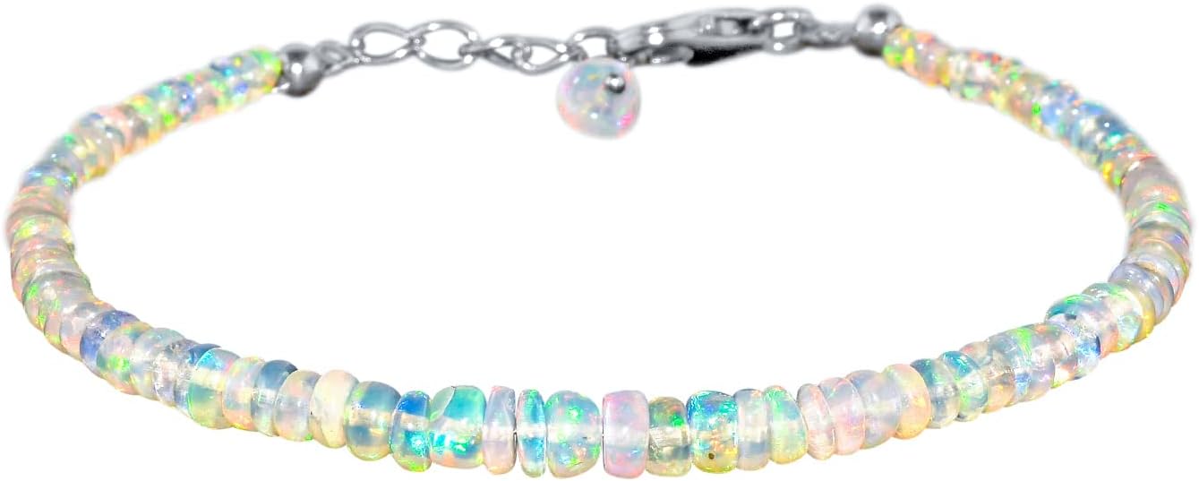 Beaded Bracelets for Women, Ultra Fire Natural Ethiopian Opal Gemstone Beads Bracelet Jewelry, Birthstone, Energy Healing Crystals, Bracelets for her, 925 Sterling Silver Chain 8 inch