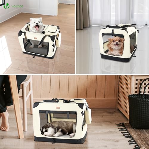 VOUNOT Hundebox faltbar, Transportbox Katze Hunde, Hundetasche, Oxford-Gewebe, Netzstoff, Atmungsaktiv, Transportabel, Metallrahmen, mit Griffen, Taschen, 50x35x36cm S, Beige