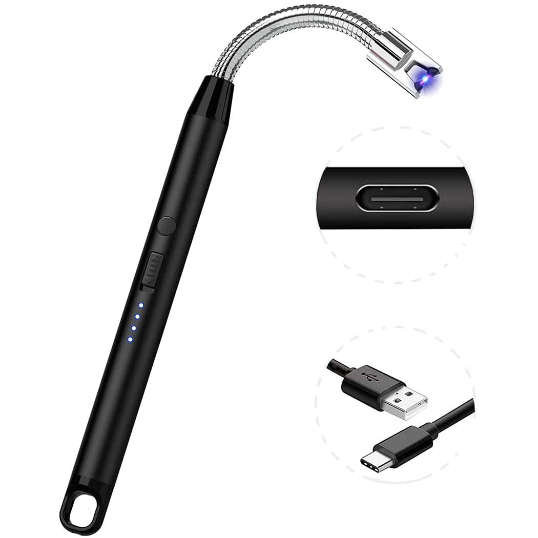AMERTEER Candle Lighter Long Grill Electric Plasma USB Rechargeable Arc Windproof Flameless Electronic Cute Fireplace Lighters for Candles Grill BBQ Fireplace Survival Stove with Type C (Black)