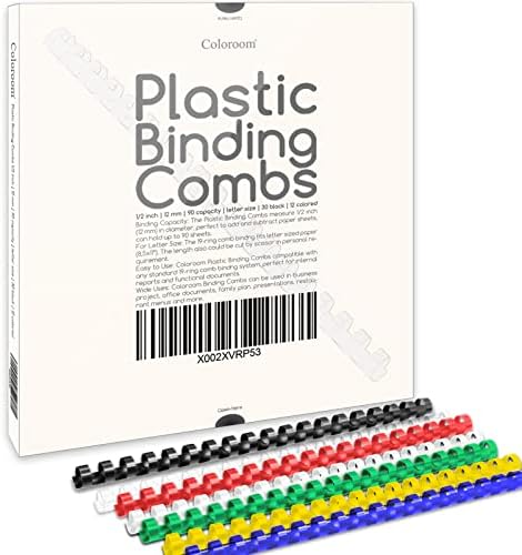 Coloroom 42 Pack Plastic Binding Combs, 1/2 Inch Diameter, 90 Sheet Capacity, 30P Black and 12P Multicolor Comb Binding Spines for Letter Size