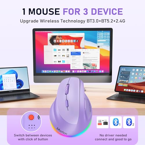 Image of MEETION Left-Handed Ergonomic Mouse, Vertical RGB Wireless Design, Purple | Comfortable vertical grip for left-handed users, rechargeable battery, Bluetooth 5.2 /3.0, USB-A receiver, 4 DPI settings