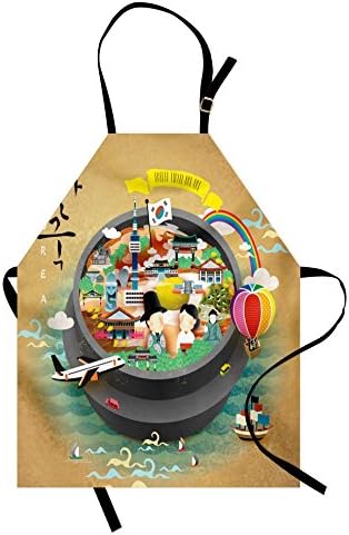 Ambesonne Korea Apron, Traditional South Korean Motifs Inside a Khimchi Hot Pot Tourist Attractions Cartoon, Unisex Kitchen Bib with Adjustable Neck for Cooking Gardening, Adult Size, Beige Green