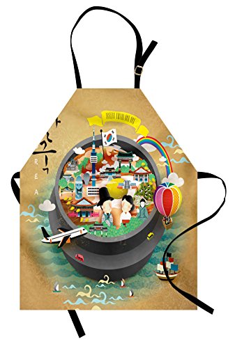 Ambesonne Korea Apron, Traditional South Korean Motifs Inside A Khimchi Hot Pot Tourist Attractions Cartoon, Unisex Kitchen Bib With Adjustable Neck For Cooking Gardening, Adult Size, Beige Green #TOP14