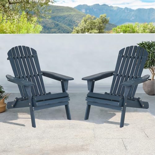 Folding Adirondack Set of 2, All-Weather Lawn Chairs With Wide Armrest, Solid Wood Outdoor Patio Set for Fire Pit, Front Porch, 350 Lbs, Navy Blue