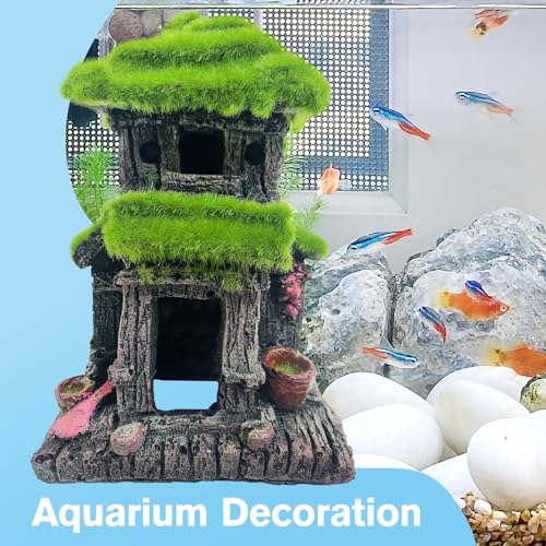 Image of Hamiledyi Fish Hideout House for Aquarium Decorations, Betta Cave with Lifelike Moss, Come with 2 PCS Artificial Plants, Fish Tank Decoration for Shrimp Fish Shelter