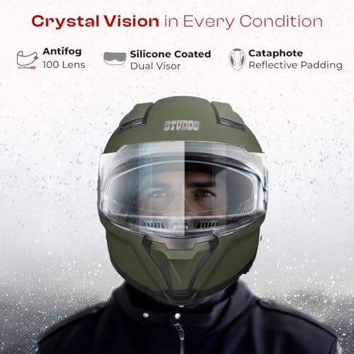 Image of STUDDS Helios ISI and DOT Certified Full Face Helmet with Antifog 100 Lens, Sporty Spoiler (Military Green - L)