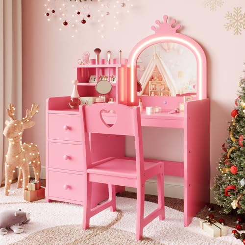 TUFSPRAX Ensemble 2 en 1 Table De Coiffure Et Chaise pour Enfants Princess - Miroir éclairé, 3 Tiroirs, étagères De Rangement, Plateau Amovible - Coiffeuse en Bois pour Petites Filles