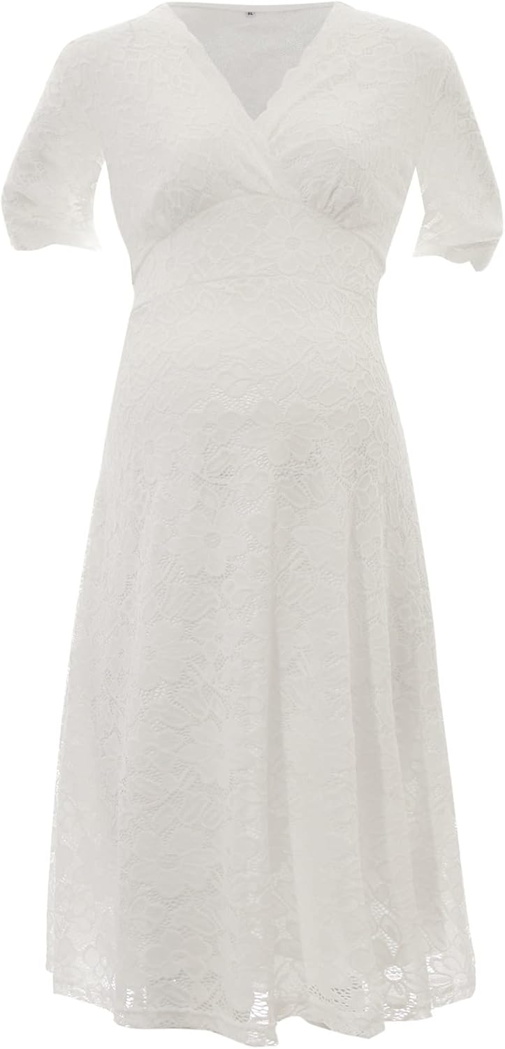 iiniim Women's Maternity Dress Floral Lace Half Sleeve Baby Shower Party Midi Dress