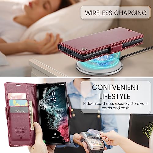 SINIANL Galaxy S22 Ultra Case Wallet with RFID Blocking, Card Holder, Kickstand, Magnetic Closure - Red Leather Flip Folio Case by SINIANL - Image 2