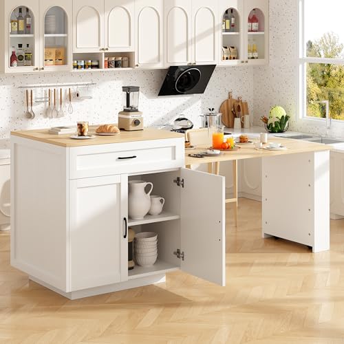 FammyLoft Mesa de bar plegable con dos cajones, mesa de bar cocina con 2 compartimentos, moderna mesa de bar móvil, mesa alta, isla de cocina, encimera de cocina, mesa alta, 133-202 x 70 x 93,5 cm